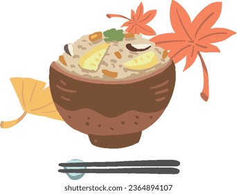 Taste of autumn Simple hand-drawn style illustration of autumn leaves and bamboo shoot cooked rice