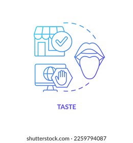 Icono de concepto de degradado azul. Sensorial sentido de mercadeo abstracto idea ilustración de línea delgada. Preferencias de comida y bebida. Muestras libres, catadores. Dibujo de contorno aislado. Se usa una fuente Myriad Pro-Bold