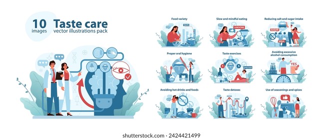 Taste Care Concept set. A comprehensive guide to maintaining taste health, featuring dietary variety, mindful eating, oral hygiene, and sensible consumption practices. Flat vector illustration.