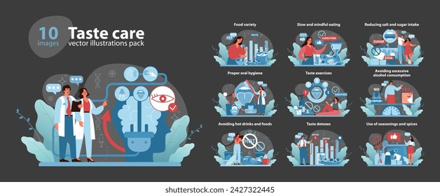 Taste Care Concept set. A comprehensive guide to maintaining taste health, featuring dietary variety, mindful eating, oral hygiene, and sensible consumption practices. Flat vector illustration.