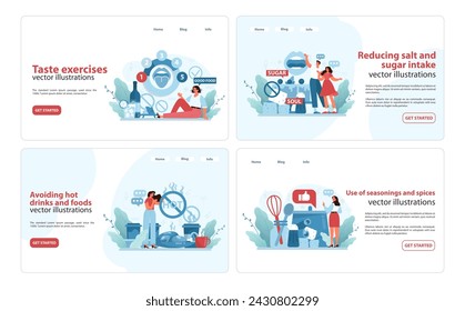 Geschmackspflege Web-Banner gesetzt. Engagierende Vektor-Illustrationen für Web-Präsentation Geschmacksübungen, Zuckerreduktion und kulinarische Weisheit. Flache Vektordarstellung.