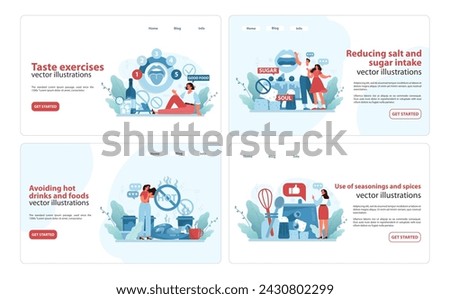 Taste Care Web Banners set. Engaging vector illustrations for web showcasing taste exercises, sugar reduction, and culinary wisdom. Flat vector illustration.