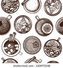 Taste of Christmas. Vector background with hot drinks sketches. Hand drawn tea, mulled wine, cocoa, coffee, hot chocolate and milk. Winter beverage for seasonal menu design. Vintage seamless pattern.