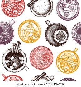 Taste of Christmas. Vector background with hot drinks sketches. Hand drawn tea, mulled wine, cocoa, coffee, hot chocolate and milk. Winter beverage for seasonal menu design. Vintage seamless pattern.