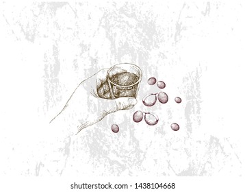 The Taste of Coffee, Illustration Hand Drawn Sketch of Hand Holding A Shot of Espresso with Coffee Cherries.
