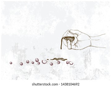 The Taste of Coffee, Illustration Hand Drawn Sketch of Hand Holding A Shot of Espresso with Coffee Cherries.