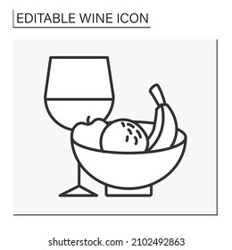 Taste compatibility line icon. Combine fruits and red wine. Apple, orange and bananas snack to increase and improve taste.Wine concept. Isolated vector illustration. Editable stroke