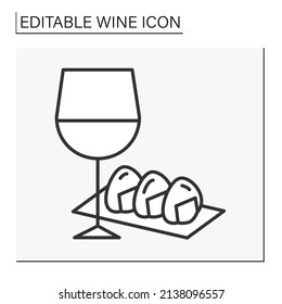 Icono de línea de compatibilidad de prueba. Vino rojo y sushi. La comida japonesa. degustación especial. Tentempiés dulces para aumentar y mejorar el gusto.Concepto de vino. Ilustración vectorial aislada. Trazo editable
