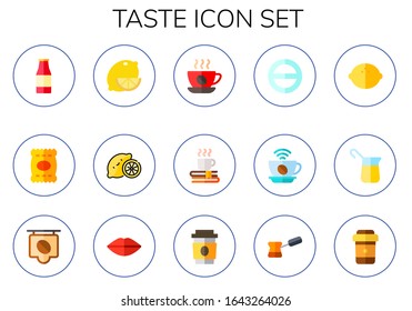 taste icon set. 15 flat taste icons. Included ketchup bottle, chips, lemon, coffee, salt, mouth icons