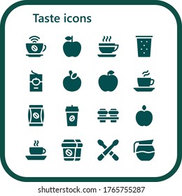 taste icon set. 16 filled taste icons.  Simple modern icons such as: Coffee, Apple, Drink, Tomato sauce, Coffee bag, Drumsticks, Coffee pot