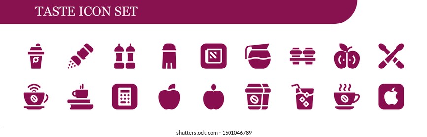 taste icon set. 18 filled taste icons.  Collection Of - Coffee, Salt, Apple, Coffee pot, Drumsticks, Drink