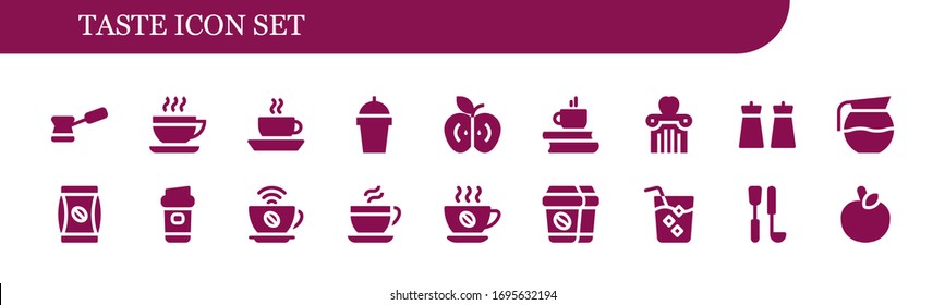 conjunto de iconos de sabor. 18 íconos rellenos de sabor.  Iconos modernos sencillos, como: Café, Bebida, Apple, Sal, Café, Bolsa de café, Pieza de sopa