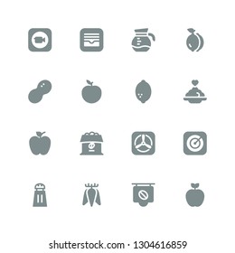taste icon set. Collection of 16 filled taste icons included Apple, Coffee, Tuber, Salt, Porridge, Lemon, Peanut