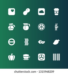 taste icon set. Collection of 16 filled taste icons included Bacon, Apple, Latte, Paprika, Mango, Lemon, Salt, Coffee pot, Coffee, Peanut