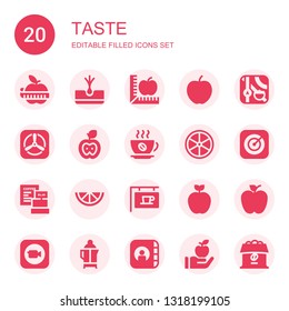 taste icon set. Collection of 20 filled taste icons included Apple, Tuber, Coffee, Lemon