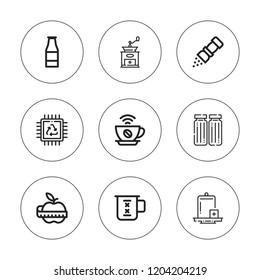 Taste icon set. collection of 9 outline taste icons with apple, chip, coffee mill, coffee, condiment, cup, ketchup bottle icons. editable icons.