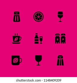 taste icon set. tea cup, salt shaker and wine vector icon for graphic design and web