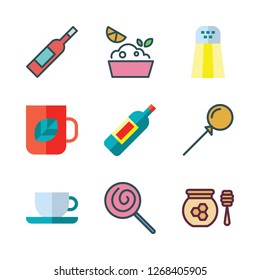 taste icon set. vector set about honey, salt shaker, lemon and wine bottle icons set.