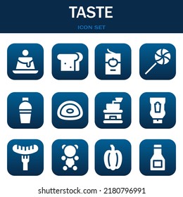 taste icon set. Vector  illustrations related with Creme caramel, Sandwich and Tomato sauce