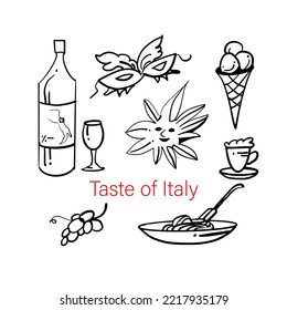 Taste of Italy. Carnival masks, wine, grapes, coffee and ice cream. A hand-drawn sketch. Vector doodle illustration.