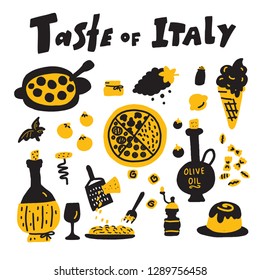 Taste of italy. Doodle illustration of traditional italian food. Vector