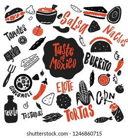 Taste of Mexico. Funny hand drawn vector illustration with names of food. Typography poster. Isolated on white.