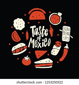 Taste of Mexico. Illustration of different mexican food in circle. Vector. Black backdrop.