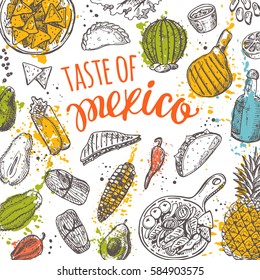 Taste of Mexico. National cuisine. Hand drawn vector illustration on the watercolor splashes. Tamales, empanadas, enchilada, quesadilla, chili con carne, tacos, burrito, salsa, guacamole dip, fajitas. svg
