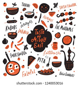 Taste of middle east. Funny hand drawn illustration with different middle eastern food and hand written names of the dishes. Vector concept.