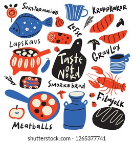 Taste of nord. Funny hand drawn typographic illustration of different scandinavian food and kitchen ware. Names of dishes. Vector