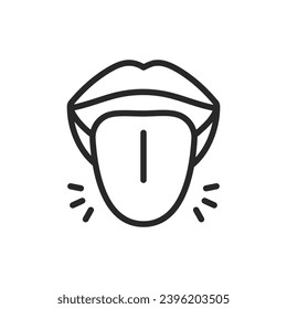 Icono De Percepción De Gusto. Ilustración delgada de líneas de sabores de la lengua, simbólica para ciencia sensorial, sensaciones de gusto y gastronomía. Signo de vector de contorno aislado.