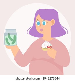 taste preferences of a pregnant woman. pregnant woman makes a choice between pickled cucumbers and cake. the taste of food during pregnancy.