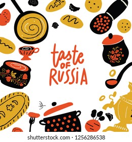 Taste of Russia. Vector illustration of russian traditional food. Menu template. Isolated on white background.