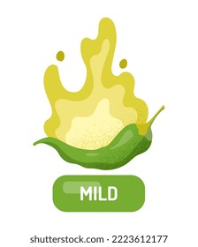 Taste scale mild indicator. Green chili on fire and flame, spicy natural and organic product. Poster or banner for website. Graphic element for printing on fabric. Cartoon flat vector illustration