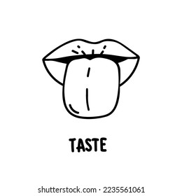 Taste scheme concept. Vector flat modern color illustration. Tongue with lips. Mouth tasty sense symbol. Umami, sweet, sour, bitter, salty symbol icons. Tongue zone infographic.