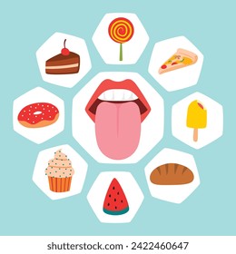 Taste Sense, Human Sense Nervous System Feeling Icon Collection with Tongue, candy, pizza, ice cream, bread, watermelon slice, cupcake, donut, cake, Anatomy Human Body Part