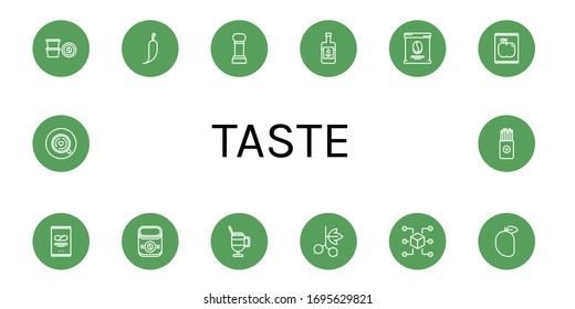 taste simple icons set. Contains such icons as Coffee capsule, Hot pepper, Grinder, Balsamic vinegar, Coffee bag, Apple, Crisps, Instant coffee, can be used for web, mobile and logo