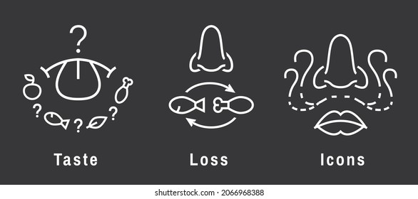 Taste, smell loss icon, sign. Insipidity, Anosmia. Long-term covid effects. Vector illustration isolated on a darkbbackground. Medical, healthcare concept in modern outline style.