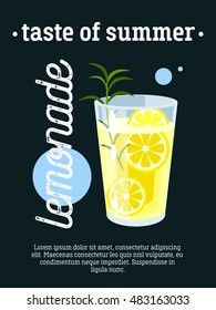 Taste of summer - blackboard restaurant sign, poster with glass of fresh lemonade. Vector illustration, eps10.