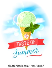 The taste of summer. Bright colorful poster with mint ice cream cone on the sky background. Design template for AD/promo/menu/flyer. Vector illustration eps10 isolated on white.