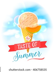 The taste of summer. Bright colorful poster with melon ice cream cone on the sky background. Design template for AD/promo/menu/flyer. Vector illustration eps10 isolated on white.