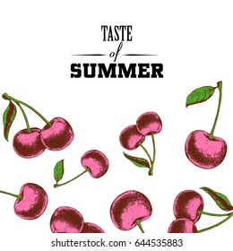 Taste of summer poster design template. Hand drawn sketch colorful cherries. Vector illustration for party, market and restaurant banners. 