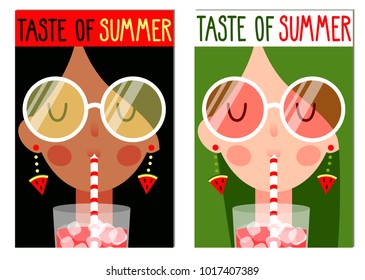 Taste of summer. Vector template with cute girls enjoying watermelon drink.