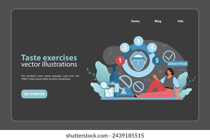 Taste Training Concept. A colorful illustration displaying a woman engaging in taste exercises to enhance sensory appreciation of food. Flat vector illustration.
