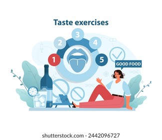 Taste Training Concept. A colorful illustration displaying a woman engaging in taste exercises to enhance sensory appreciation of food. Flat vector illustration.