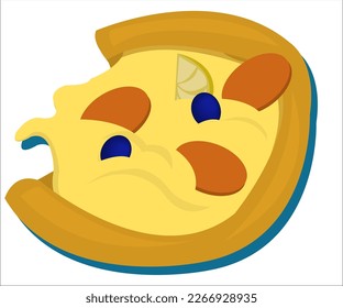 A tasteful pizza with cheese, a slice of lemon, sausages and olives. This illustration can be used as a logotype for pizzerias, cafes, bars. Vector, isolated.