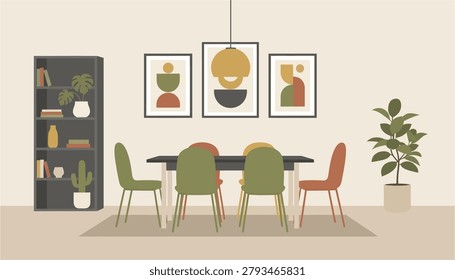 A tastefully decorated dining space featuring abstract wall decor and potted greenery ideal for lifestyle or home decor promotion.
