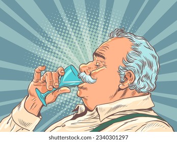 A taster of excellent drinks in a restaurant. Exquisite cocktails at the bar. A full grown man with a mustache drinks from a glass goblet. Pop Art Retro Vector Illustration Kitsch Vintage 50s 60s