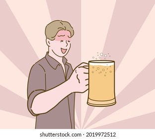 Tasting fresh brewed beer. Handsome young male tasting fresh beer. Hand drawn in thin line style, vector illustrations.