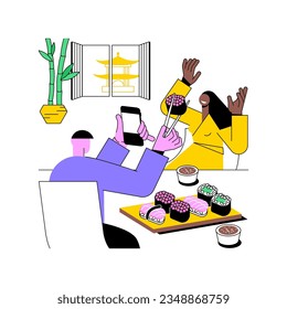Tasting local specialties isolated cartoon vector illustrations. Happy couple in local restaurant, woman takes photos of man tasting new dish, city trip, cultural experience vector cartoon.